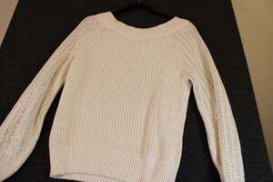 White Ribbed Knit Long Sleeve Pullover Sweater with rhinestone detail